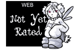 Anthropomorphic Panda Woman who is all white including clothing next to a black box that says 'web' in small letters and 'Not Yet Rated' in big letters.